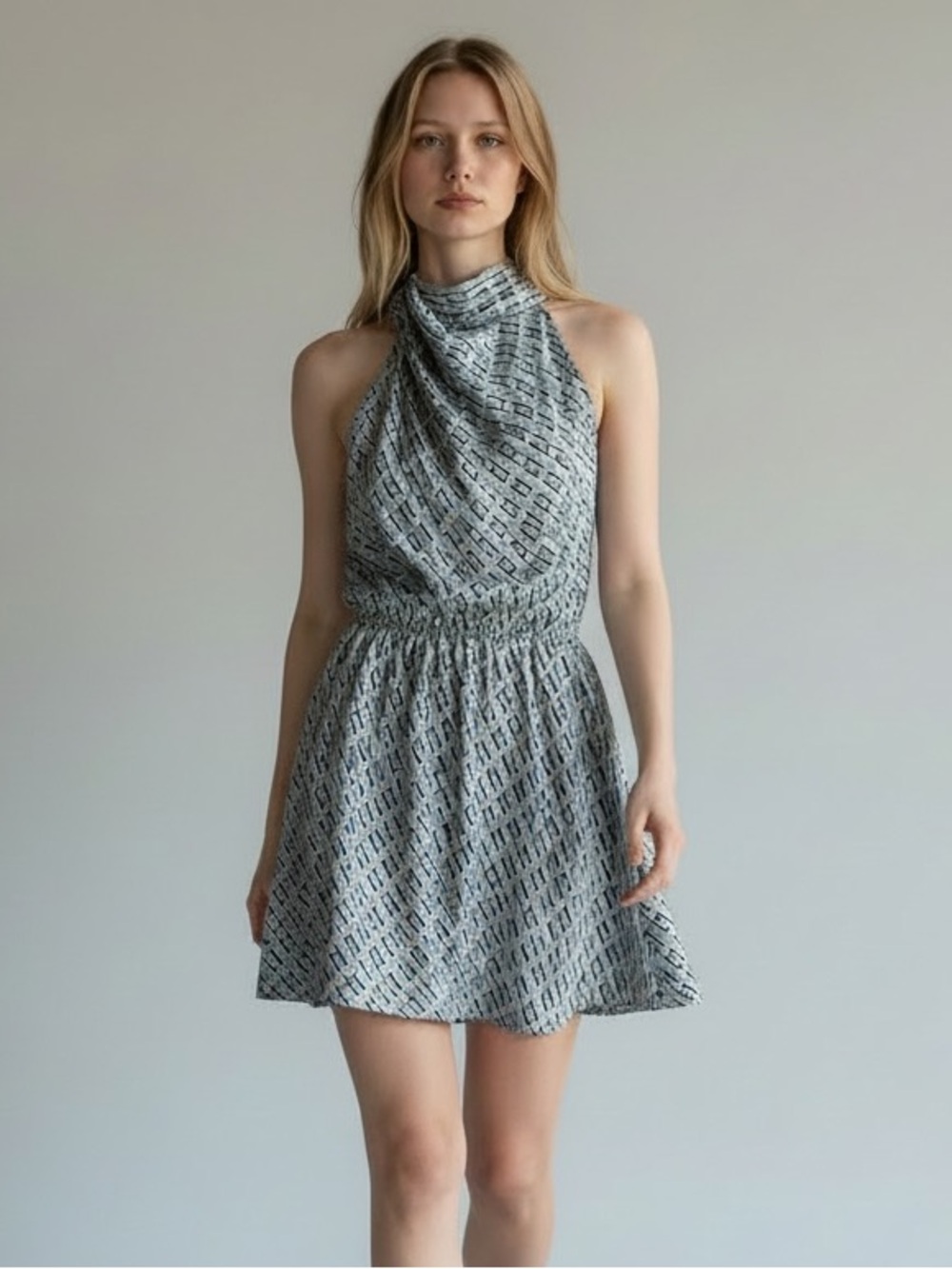 Express Light Blue Geometric Halter Mini Dress